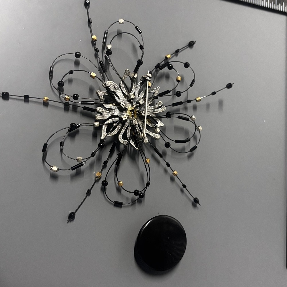 Large Statement Flower Starburst Brooch Pin Black Rhinestone Beaded Silver Tone - Picture 8 of 12